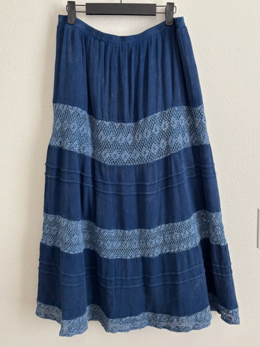 Vintage Cotton Tiered Midi Skirt Blue Crochet Trim Cowgirl Size XL